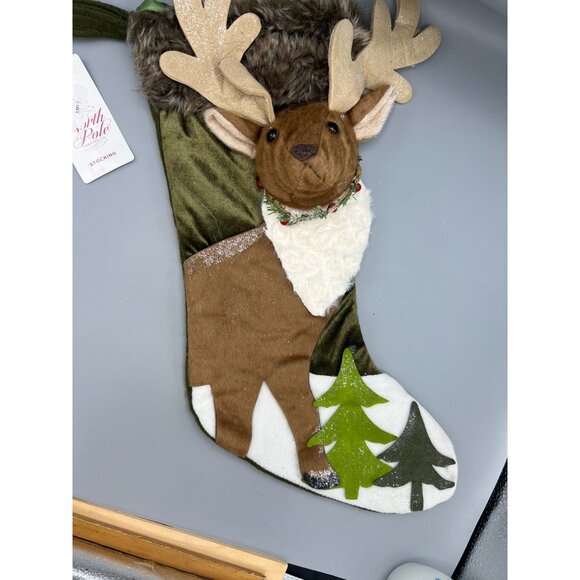 North Pole Trading Co Reindeer Stocking With Faux Fur Body Holly Accent Trees - Picture 15 of 15